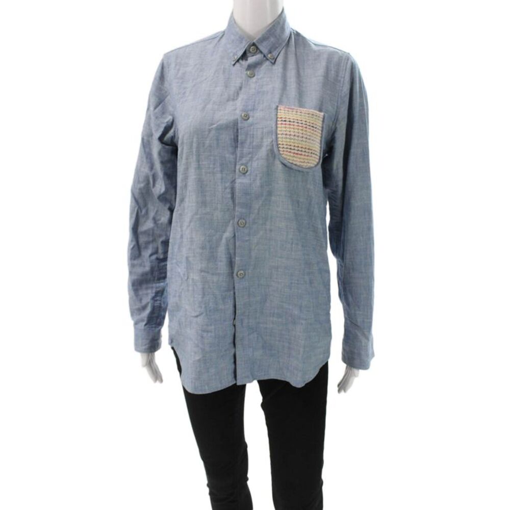 Folk Mens Button-Down Cotton Collared Long Sleeve Blue Solid Fall Size 1
